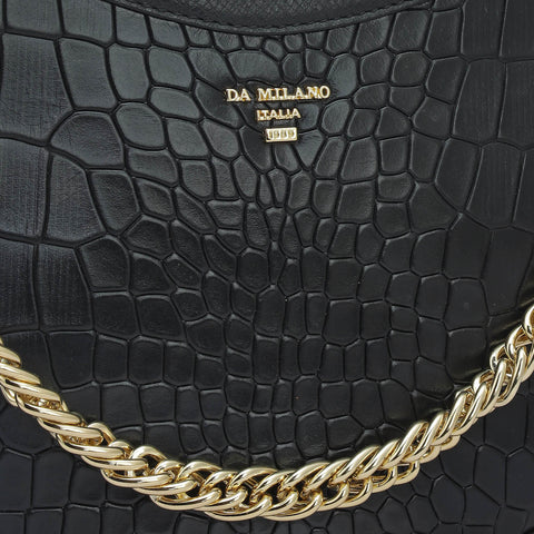 Small Croco Leather Baguette - Black