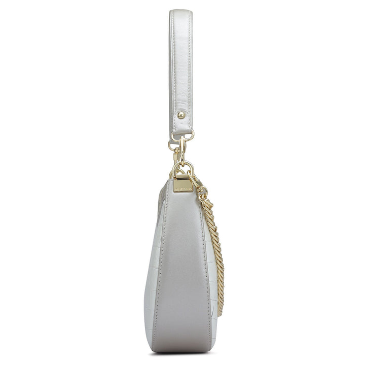 Small Croco Leather Baguette - Pearl