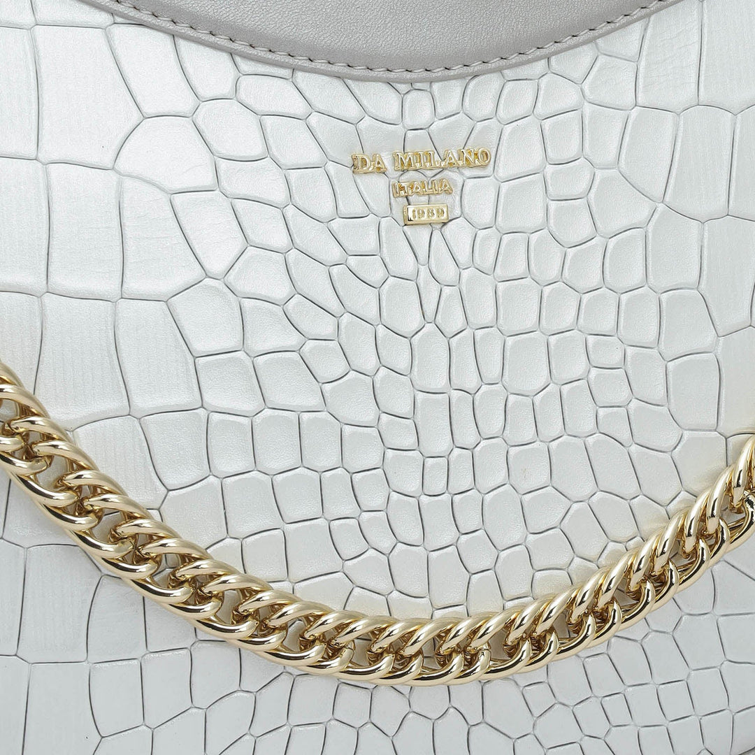 Small Croco Leather Baguette - Pearl