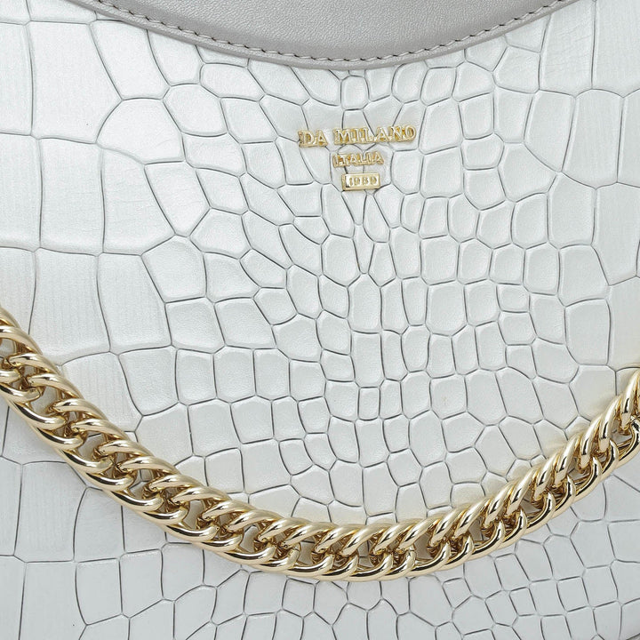 Small Croco Leather Baguette - Pearl