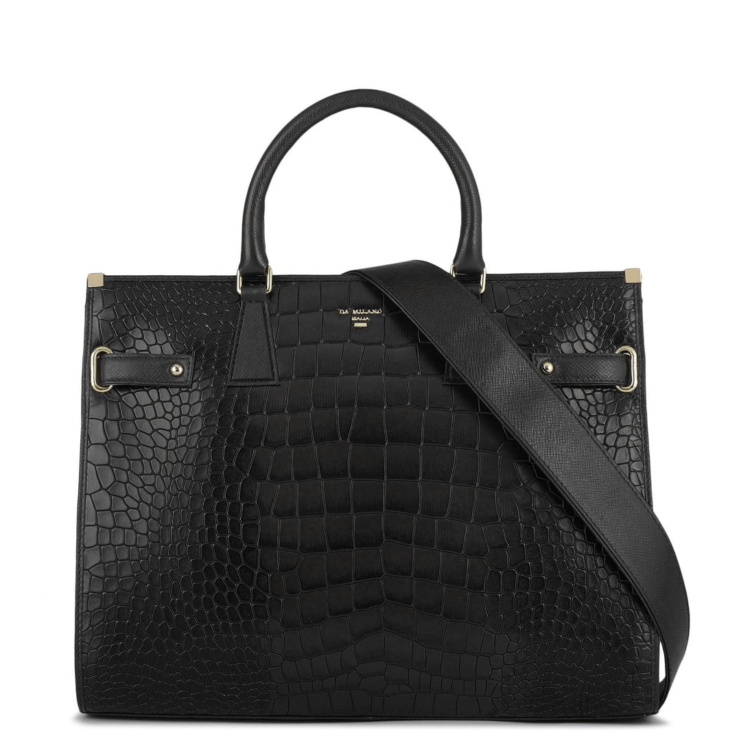 Large Croco Franzy Leather Satchel - Black