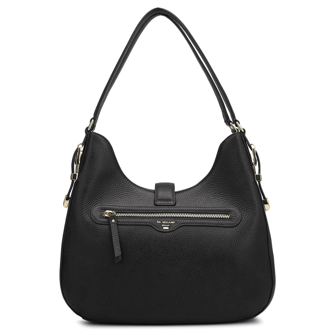 Medium Wax Leather Hobo - Black