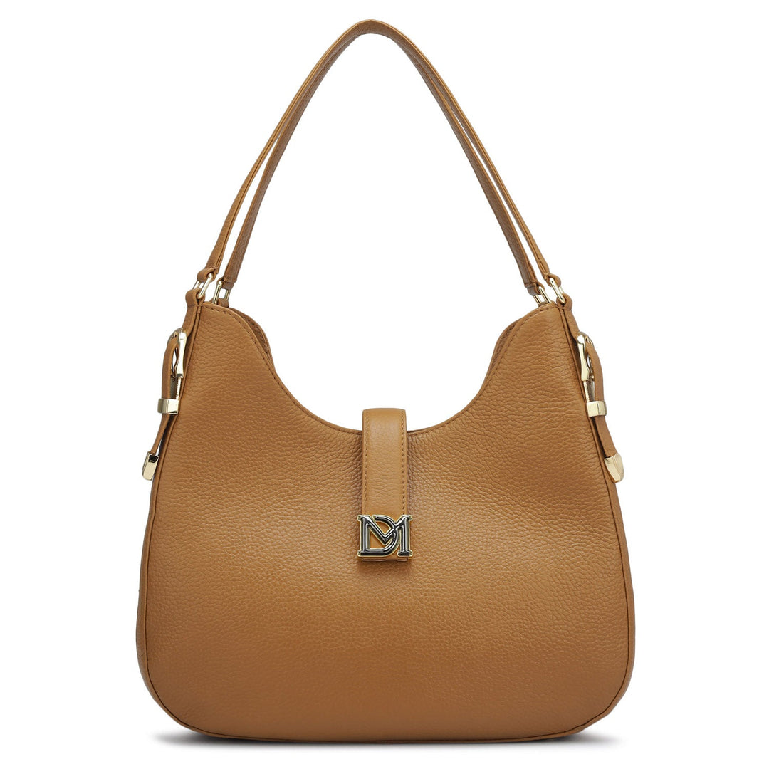 Medium Wax Leather Shoulder Bag - Caramel