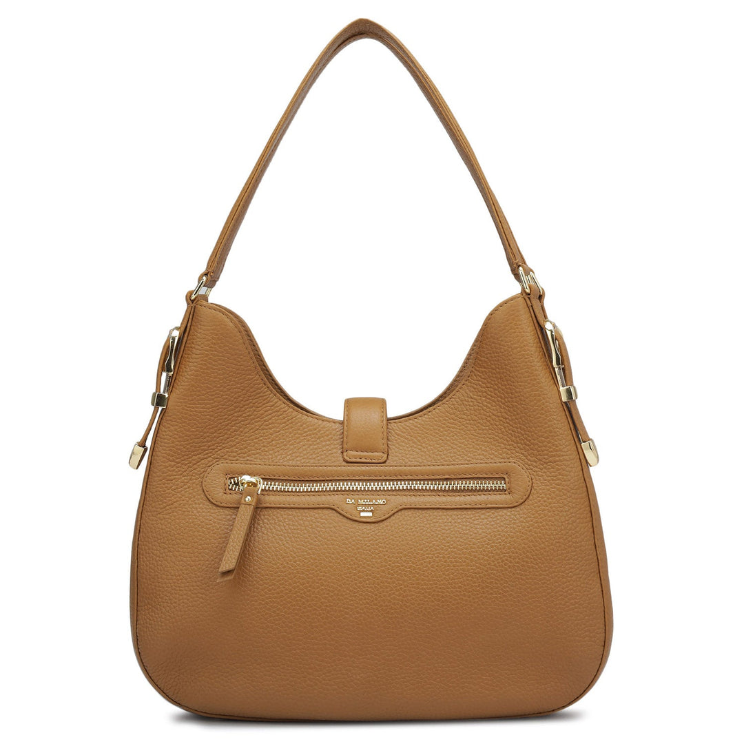 Medium Wax Leather Shoulder Bag - Caramel