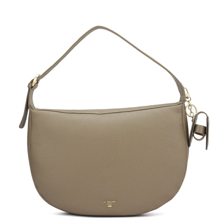 Medium Wax Leather Hobo Bag - Greyish Taupe