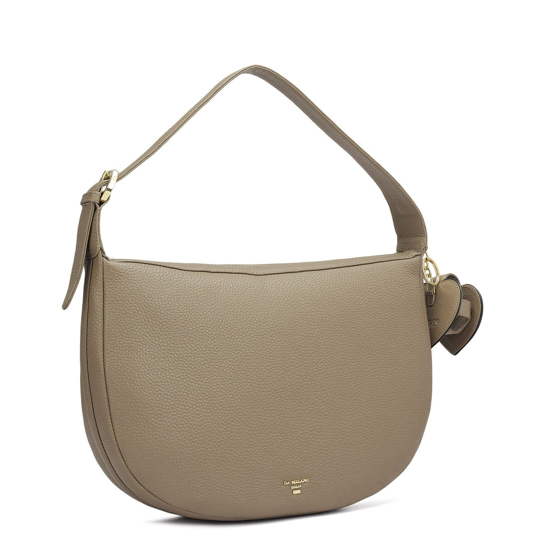 Medium Wax Leather Hobo Bag - Greyish Taupe