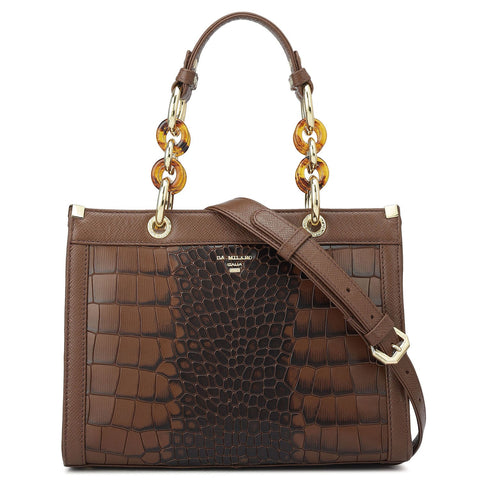 Da Milano Women's Leather Satchel Bag - Small Croco Franzy - Date