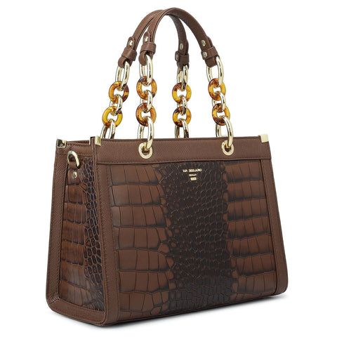 Da Milano Women's Leather Satchel Bag - Small Croco Franzy - Date
