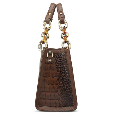 Da Milano Women's Leather Satchel Bag - Small Croco Franzy - Date