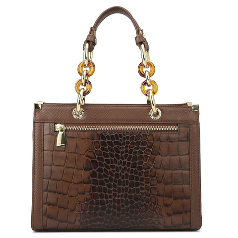 Da Milano Women's Leather Satchel Bag - Small Croco Franzy - Date
