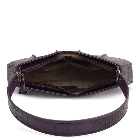 Small Croco Plain Leather Baguette - Grapevine