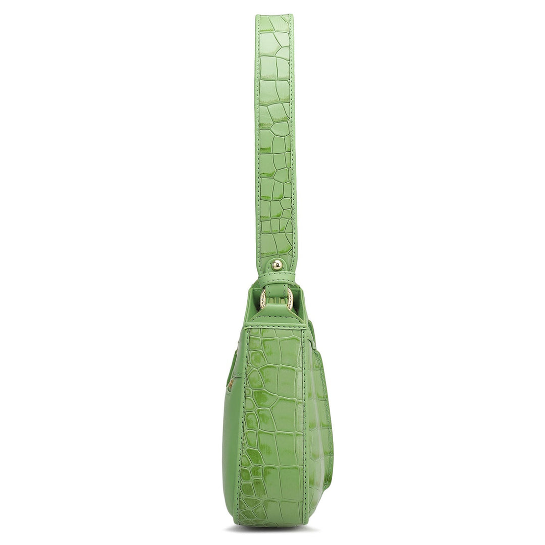 Small Croco Plain Leather Baguette - Kiwi