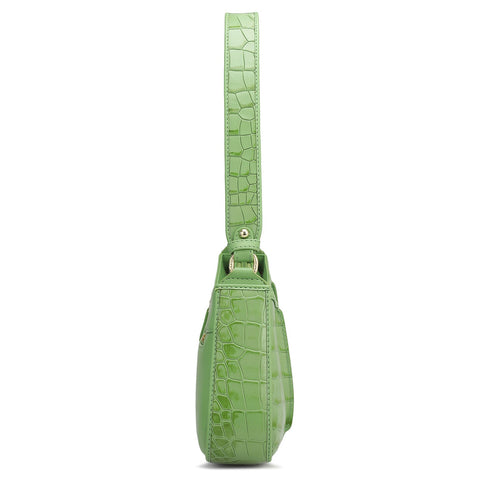 Small Croco Plain Leather Baguette - Kiwi