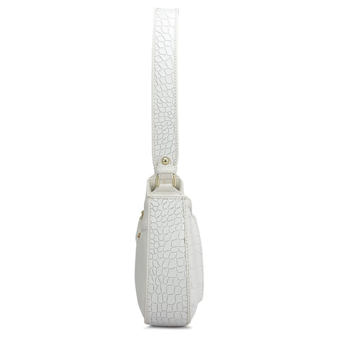 Small Croco Plain Leather Baguette - Snow