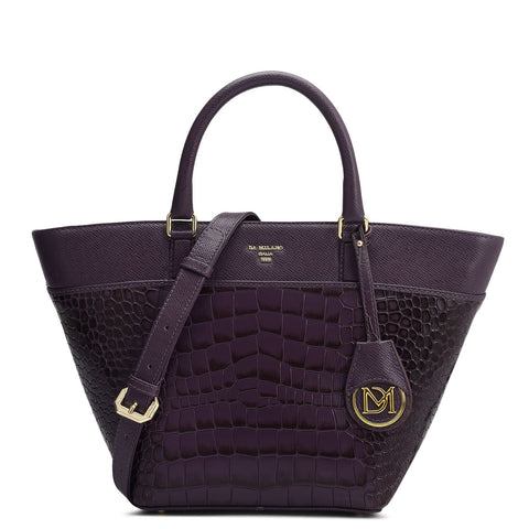 Small Croco Franzy Leather Satchel - Grapevine