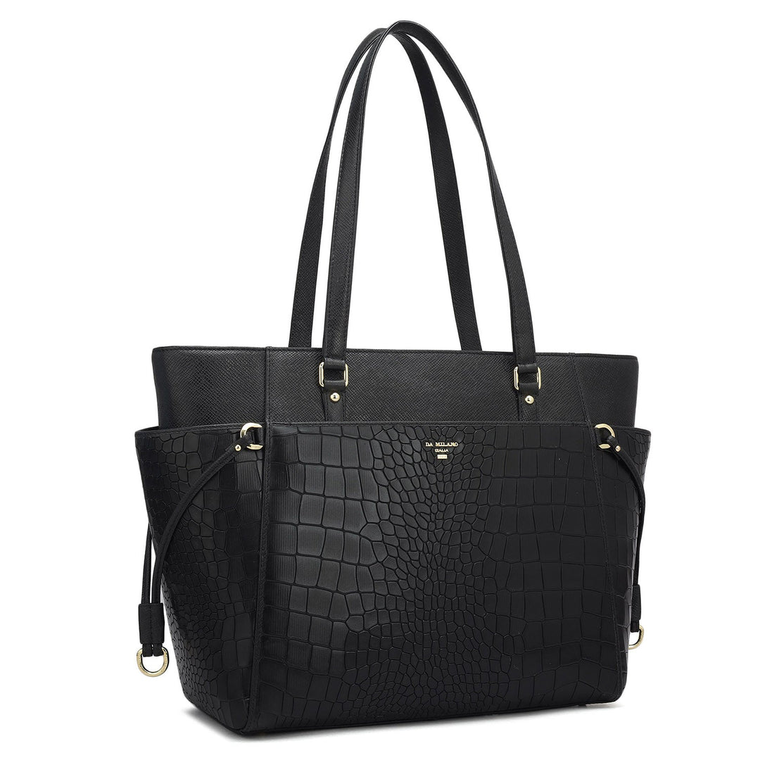 Medium Croco Franzy Leather Shoulder Bag - Black
