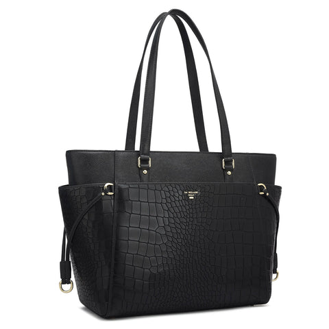 Medium Croco Franzy Leather Shoulder Bag - Black