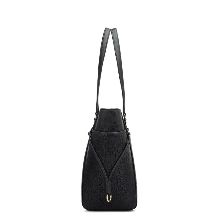 Medium Croco Franzy Leather Shoulder Bag - Black