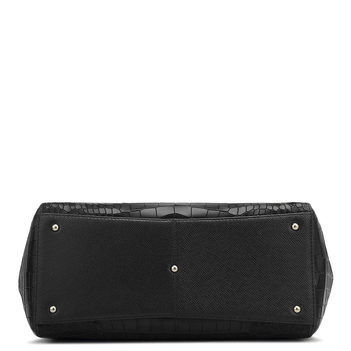 Medium Croco Franzy Leather Shoulder Bag - Black