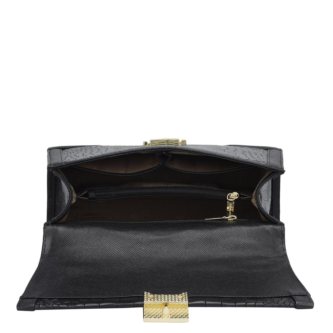 Medium Croco Franzy Leather Satchel - Black