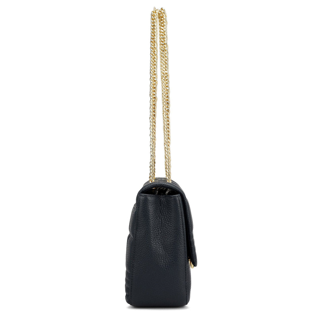Medium Wax Stripe Leather Shoulder Bag - Navy