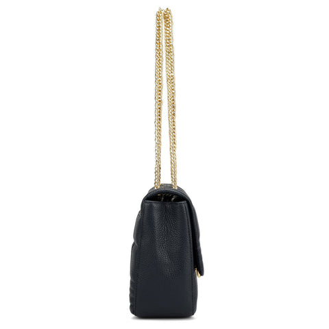 Medium Wax Stripe Leather Shoulder Bag - Navy