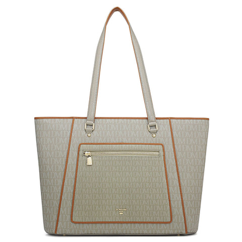 Large Monogram Leather Tote - Stone Grey