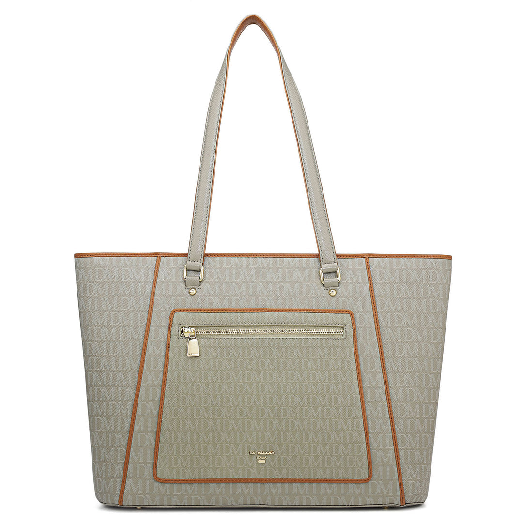 Large Monogram Leather Tote - Stone Grey