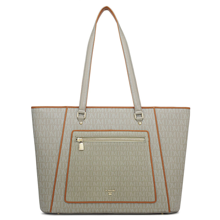 Large Monogram Leather Tote - Stone Grey