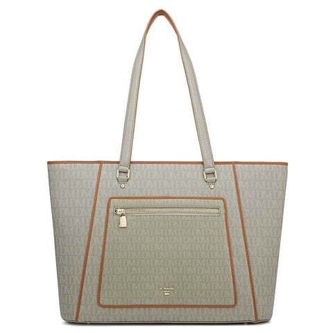 Large Monogram Leather Tote - Stone Grey