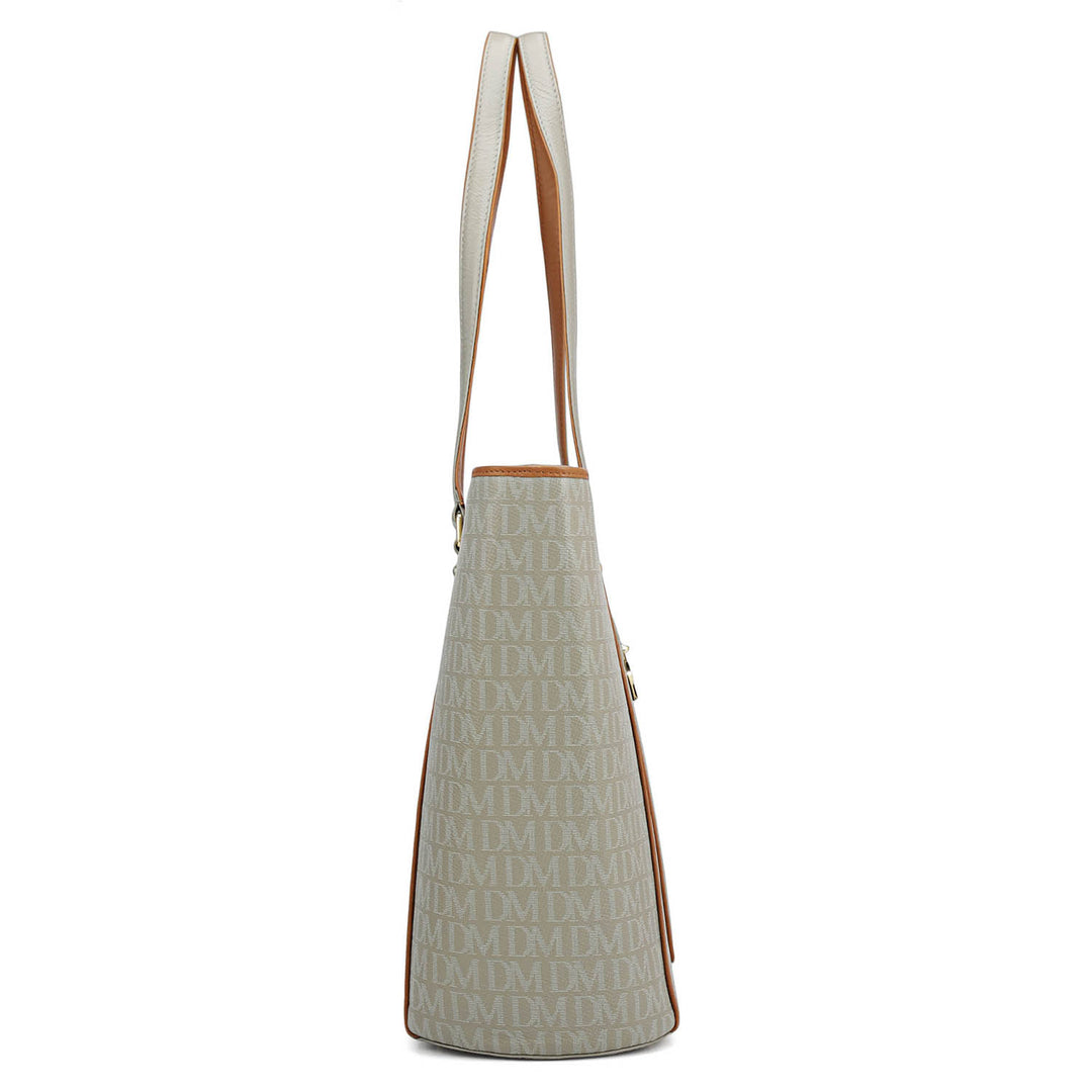 Large Monogram Leather Tote - Stone Grey