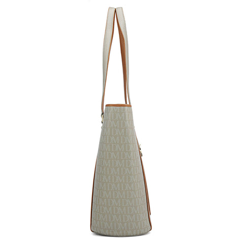 Large Monogram Leather Tote - Stone Grey