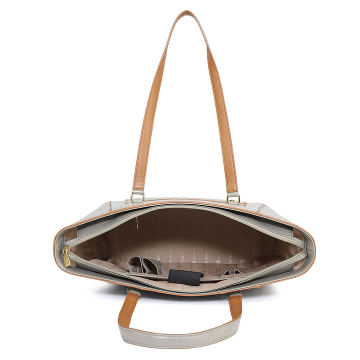 Large Monogram Leather Tote - Stone Grey
