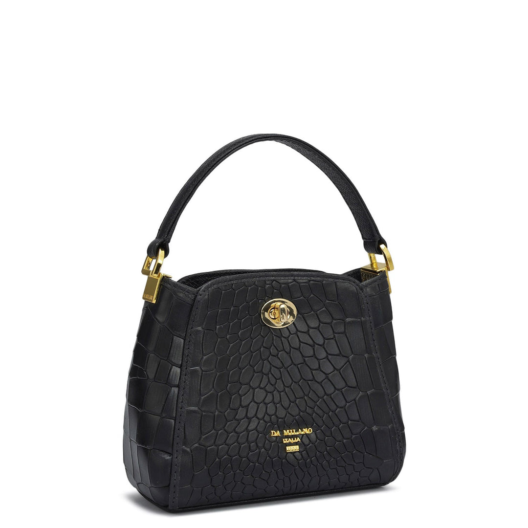 Small Croco Leather Satchel - Black