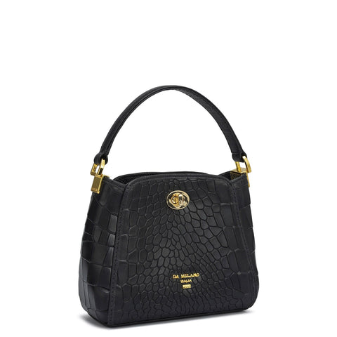 Small Croco Leather Satchel - Black