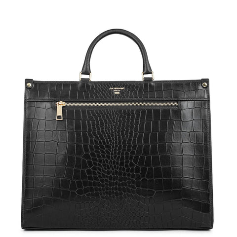 Medium Croco Franzy Leather Book Tote - Black