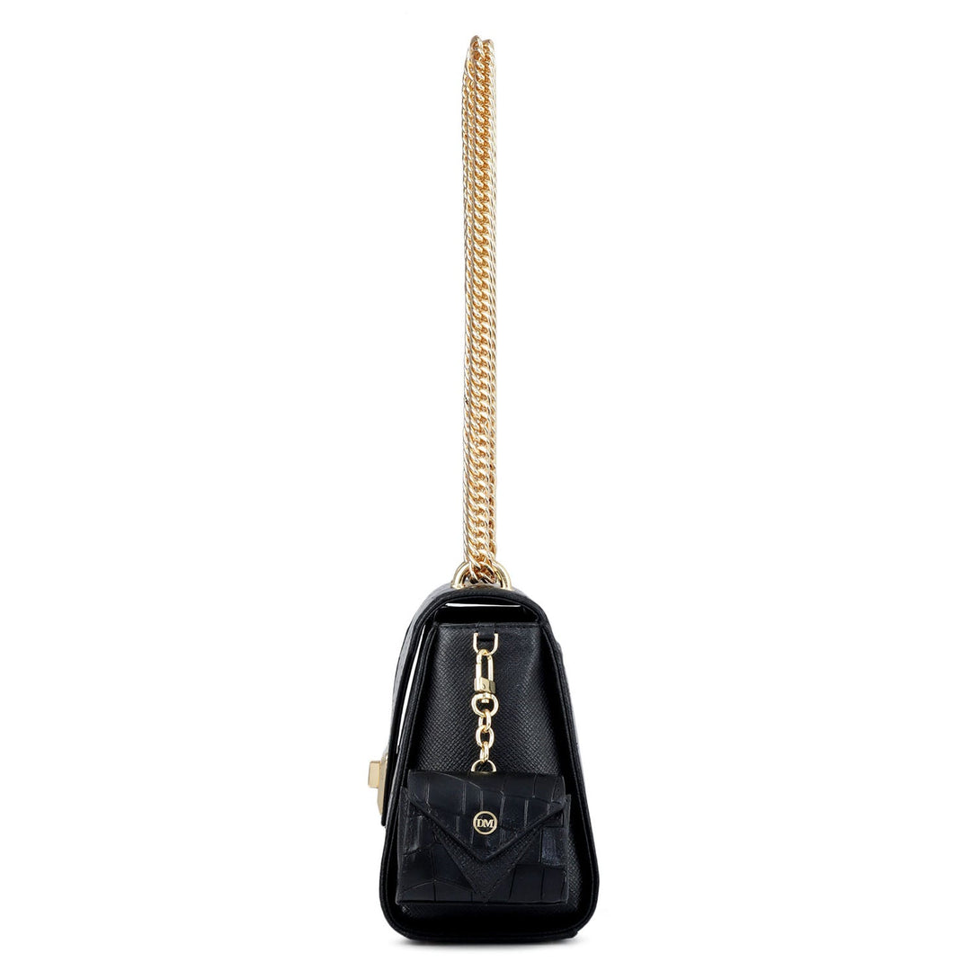 Allure Croco Franzy Leather Shoulder Bag - Black