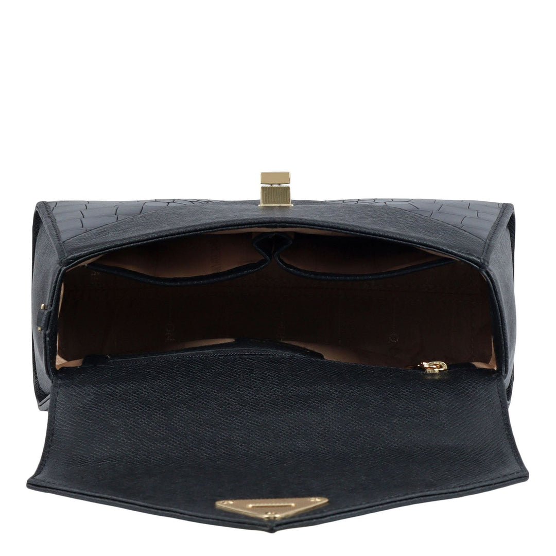Allure Croco Franzy Leather Shoulder Bag - Black