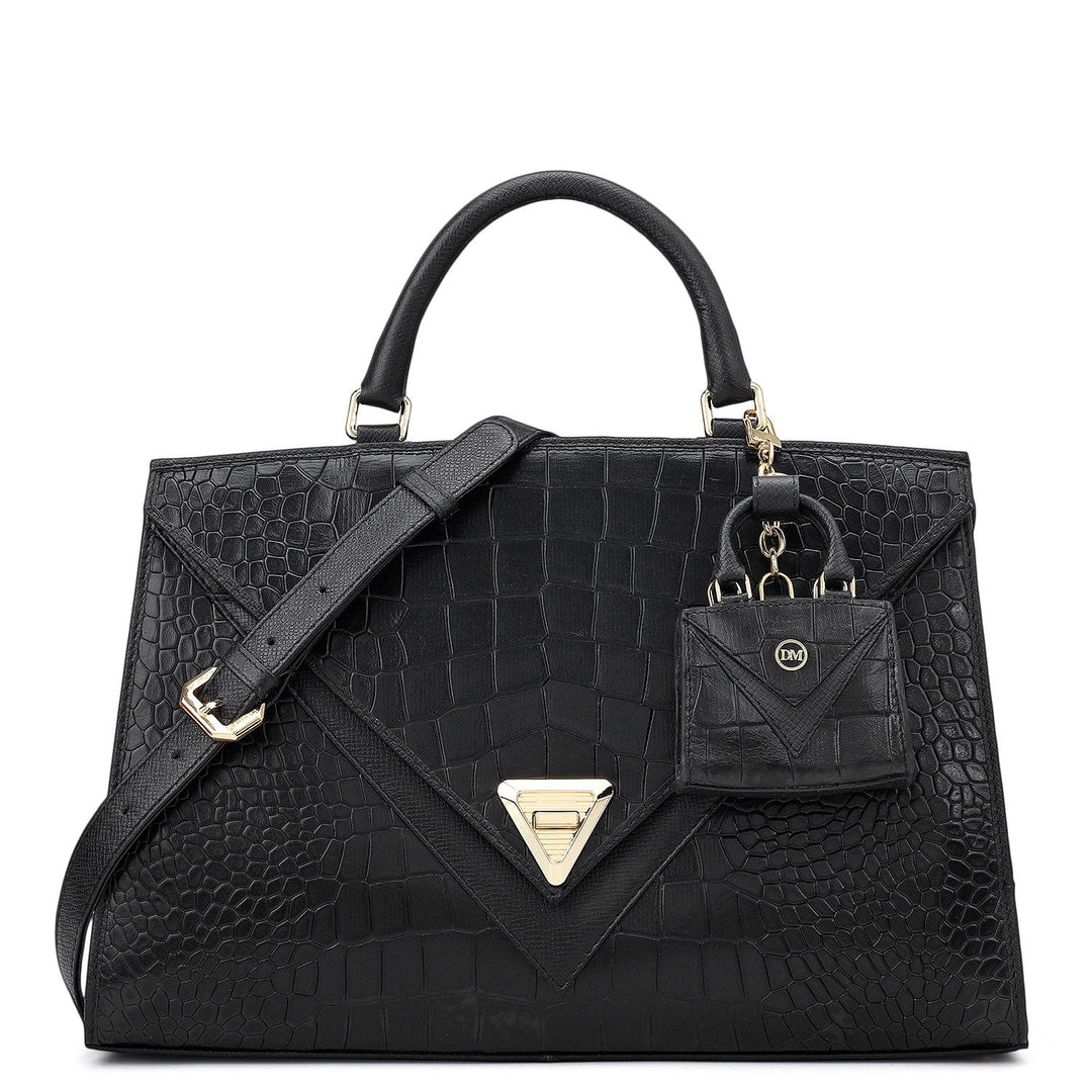 Medium Croco Franzy Leather Satchel - Black