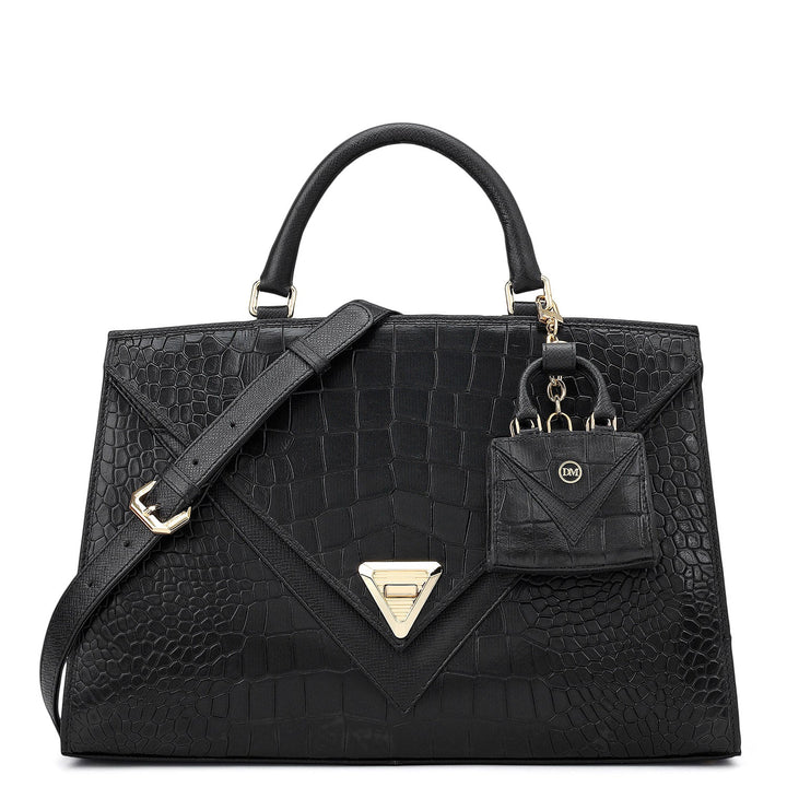 Medium Croco Franzy Leather Satchel - Black