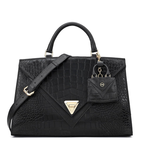 Medium Croco Franzy Leather Satchel - Black
