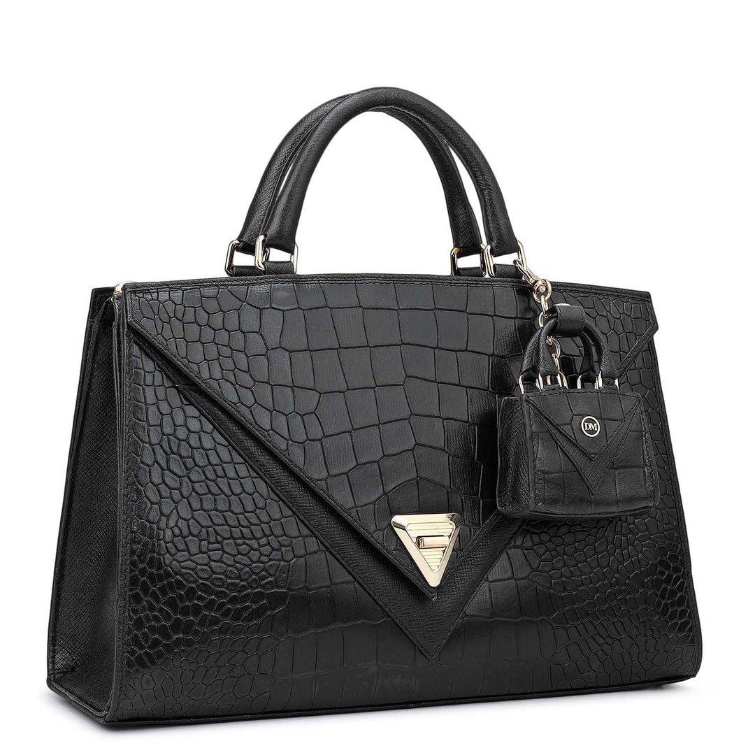 Medium Croco Franzy Leather Satchel - Black