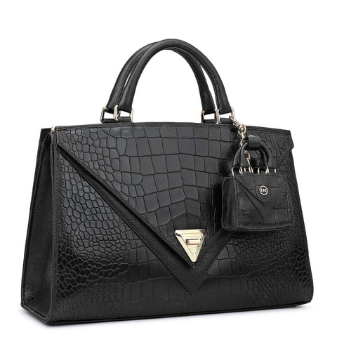 Medium Croco Franzy Leather Satchel - Black