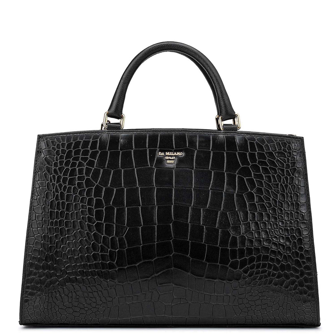 Medium Croco Franzy Leather Satchel - Black