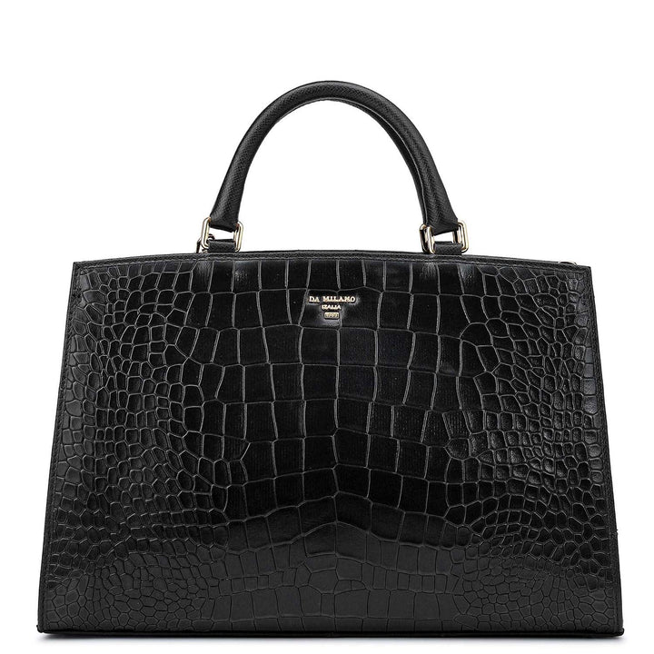 Medium Croco Franzy Leather Satchel - Black