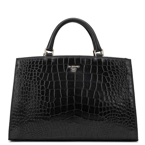 Medium Croco Franzy Leather Satchel - Black
