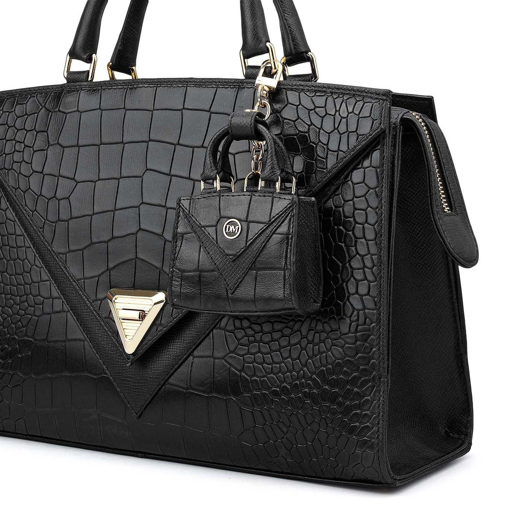 Medium Croco Franzy Leather Satchel - Black