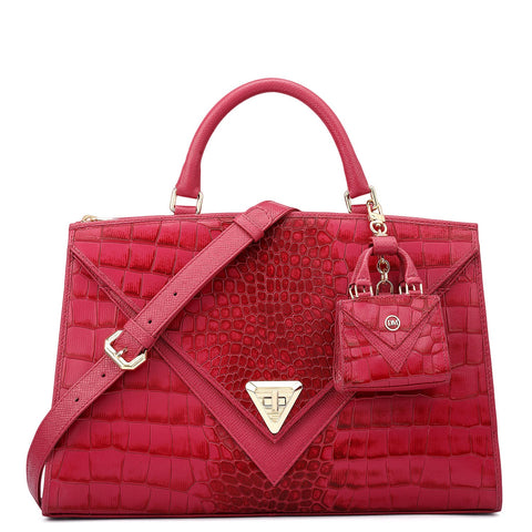 Medium Croco Franzy Leather Satchel - Plumberry