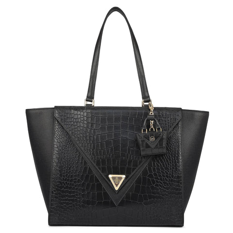 Medium Croco Franzy Leather Tote - Black