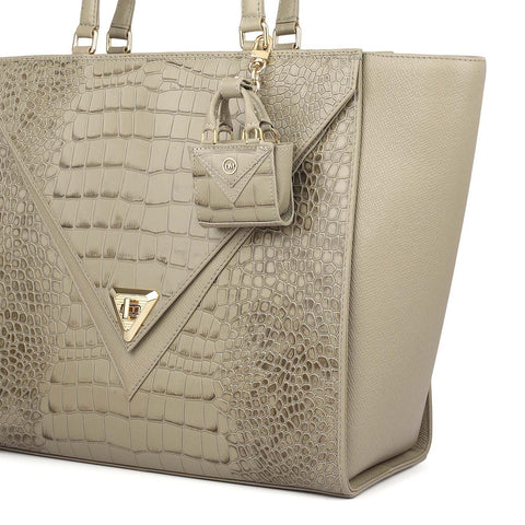 Medium Croco Franzy Leather Tote - Stone Grey